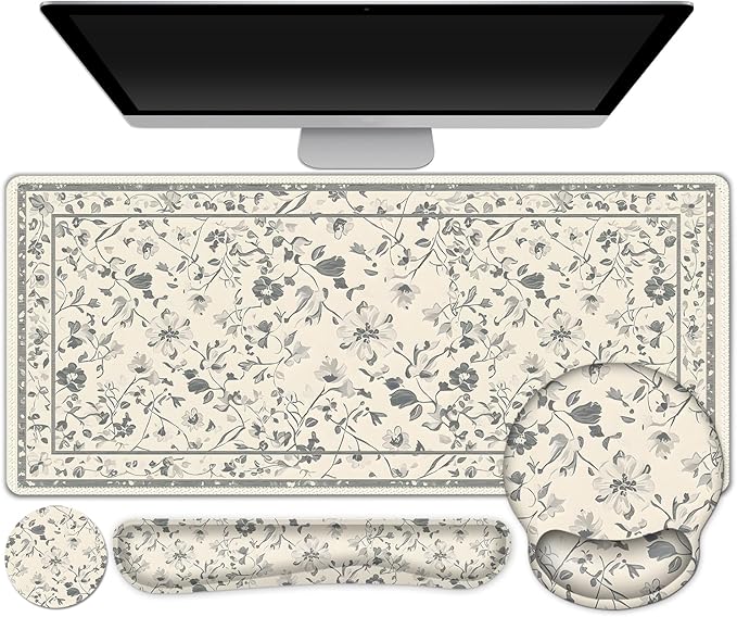 DINKY Desk Mat Mouse Pad, XXL Large Gaming Mouse Pad with Wrist Rest Wrist Support, Ergonomic Mouse Pads, Keyboard Wrist Rest, Desk Accessories Decor for Home Office, Apricot Art Leaf