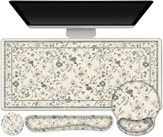 DINKY Desk Mat Mouse Pad, XXL Large Gaming Mouse Pad with Wrist Rest Wrist Support, Ergonomic Mouse Pads, Keyboard Wrist Rest, Desk Accessories Decor for Home Office, Apricot Art Leaf