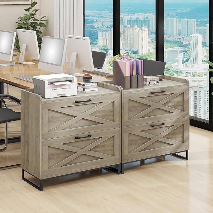File Cabinet 2 Drawers, Lateral File Cabinet with Charging Station for Letter/Legal/A4 Size Hanging Files, Large Wood File Storage Cabinets Printer Stand for Home Office, Washed Gray