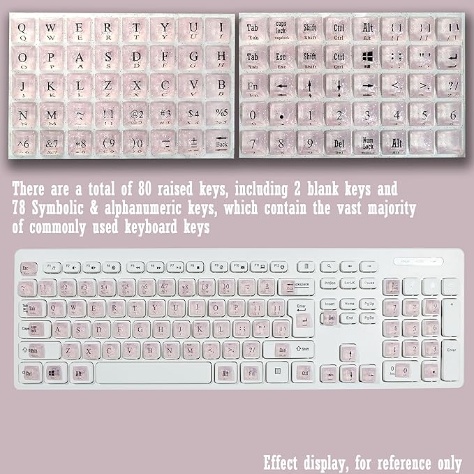 80 Pcs PC Keyboard Stickers for Long Nails Typing and Gaming, Anti-Damage Symbolic and Alphanumeric Keys for Nail-Art (Sparkly Pink)