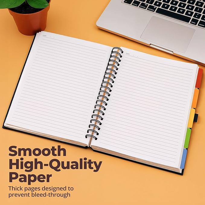 Hardcover Leather Lined Spiral Notebook 8x10" with Removable Dividers - Black - 300 Pages 5 Subject College Ruled Notebook for Work with Tabs, Pockets, and Pen Loop for Note Taking, Large Journal