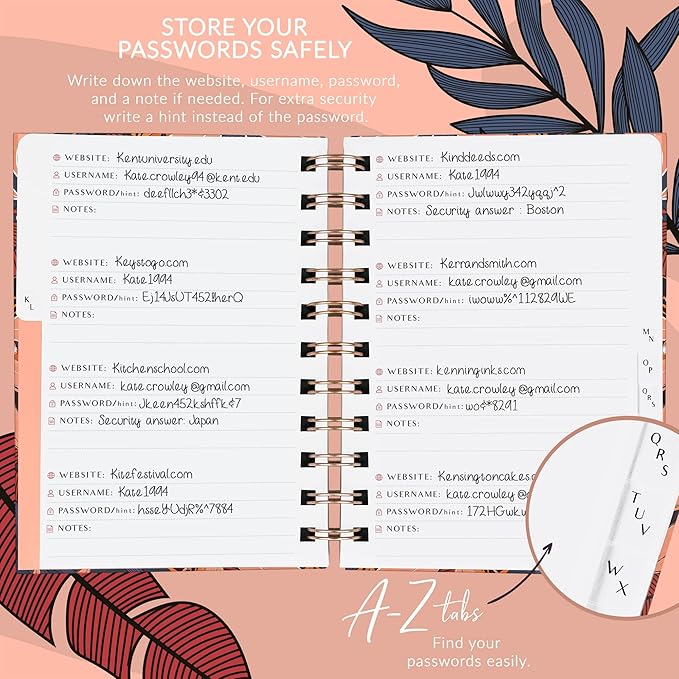 PLANBERRY Password Book Premium – Small Internet Address Organizer with A-Z Tabs – Pocket Website Password Keeper with Alphabetical Tabs – 4.7x5.7″, Hardcover (Tropical Night)