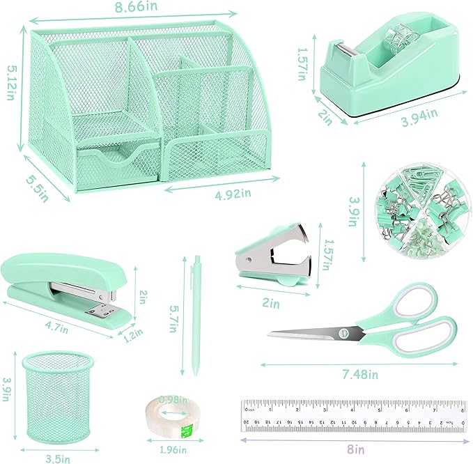 Green Office Desk Accessories Supplies, 12pcs Desk Organizers and Accessories with Tape dispenser and Stapler,Staples,Staple Remover,Pen Holder,Scissor,Ruler,Sticky Tabs,Tape,Ballpoint Pen,Clips Set