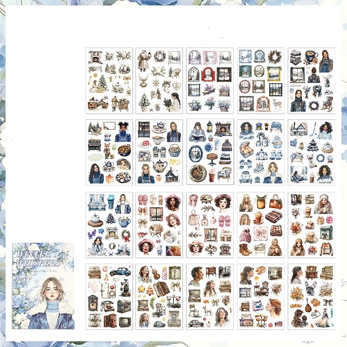TIAMECH Winter Whispers Sticker Book - Christmas Girl Series, 20 Sheets PET & Washi Stickers for Scrapbooking, Ephemera, Waterproof Junk Journaling Supplies & DIY Crafts (Size 10.5 x 7.1in)