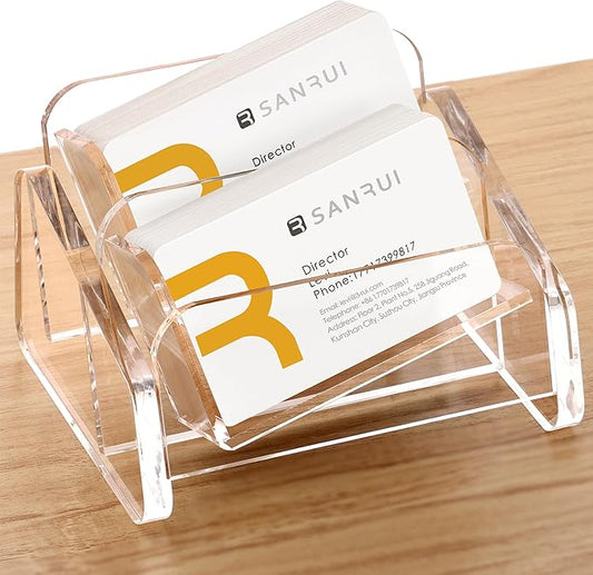 SANRUI Acrylic Business Card Holder for Desk, 2 Tier Clear Tilt Business Name Card Display Holders Stand Storage Organizer Fits 120 Business Cards (Horizontal, 2-Slot)