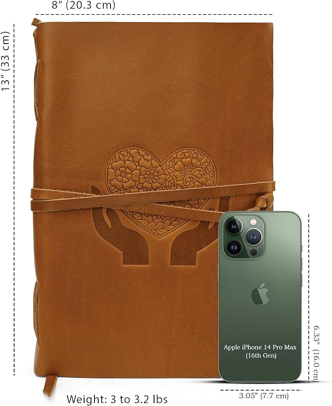LUXEORIA Heart Journal for Women and Men, Handcrafted Leather Journal for Writing Womens, Sketchbook, Travel Diary with Unlined Deckle Paper, Camel Brown 8x13