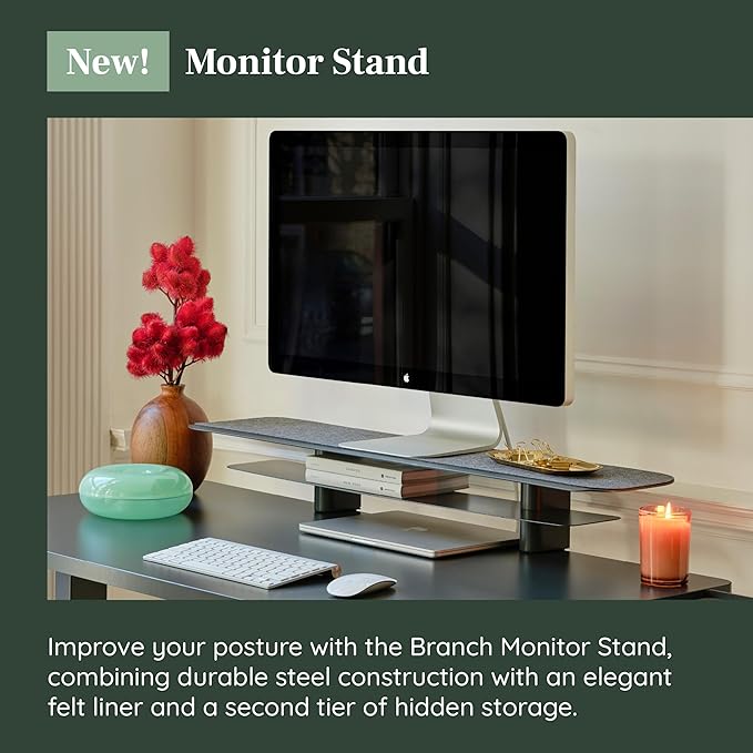 Branch Monitor Stand - Elegant, Durable Powder-Coated Steel Stand with Soft Felt Liner - Small Monitor Riser Second Tier Storage - Installs with a Universal Clamp for Ergonomic Workspace - Charcoal
