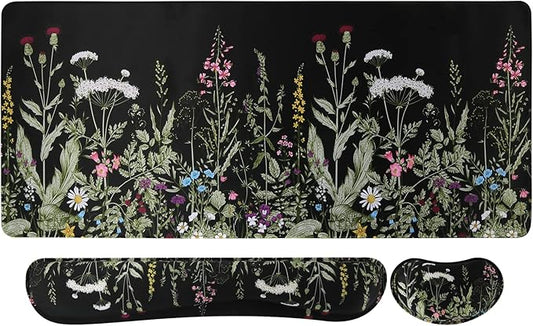 iCasso Large Mouse pad for Desk, Computer Desk Mat, 3Pcs XXL Keyboard and Mouse Pad + Keyboard Wrist Rest, Desk Matt for Desktop, Easy Typing Pain Relief Ultra Thick Mousepad Keyboard Mat(Weeds)