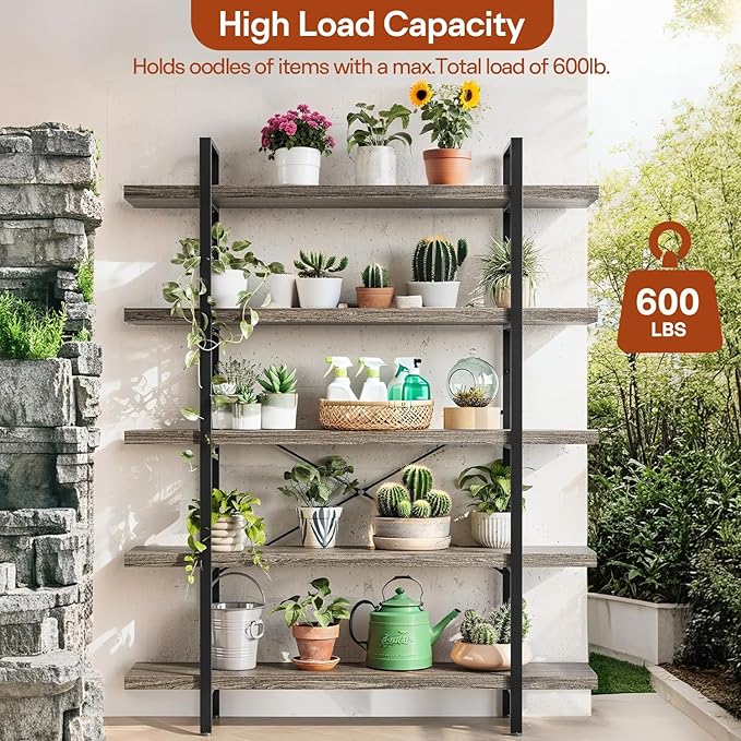 Bookcase, 47 Inch Wide Wood Bookshelf, 120lbs Shelf Capacity, Rustic Open Shelving Industrial Display with Reinforced Horizontal Shelves for Living Room Bedroom Office (5 Tier - Grey)