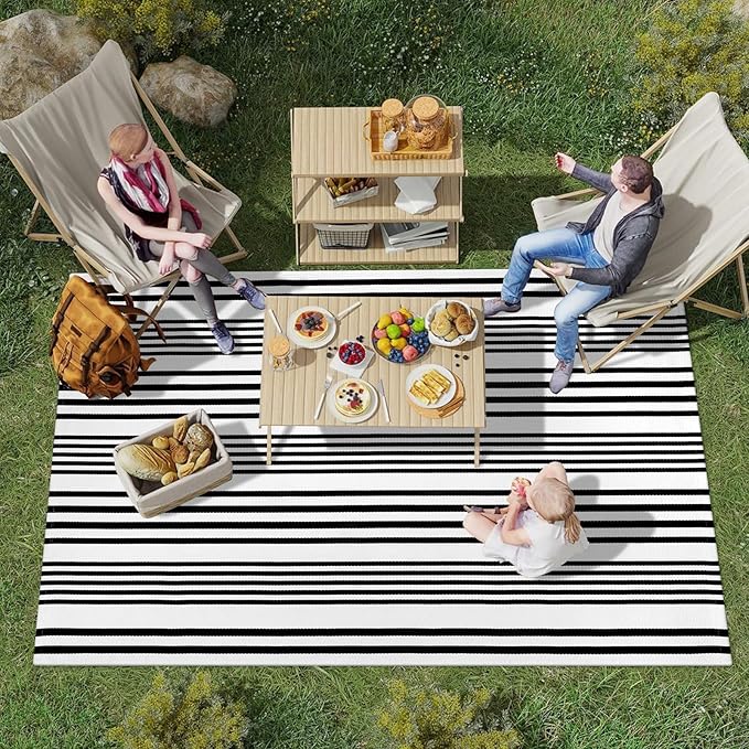 OJIA Outdoor Area Rug 4'x6', Black and White Outdoor Rug Machine Washable Patio Rugs Cotton Hand Woven Door Mats Indoor Outdoor Striped Rugs for Front Porch/Deck/Backyard/Living Room