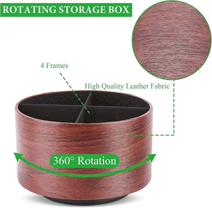 Hennaja Round Leather Art Supply Organizer,Remote Control Holder,360 Degree Spinning,Multi-Functional Pencil Holder,4 Compartments Desktop Stationary Organizer(1-Light Brown2)