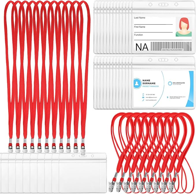 Marspark 50 Sets Clear Name Tags with Lanyard, Lanyards for ID Badges Reusable Strap with ID Holder Plastic Name Badges for Adults Business School Church Conference (Red)