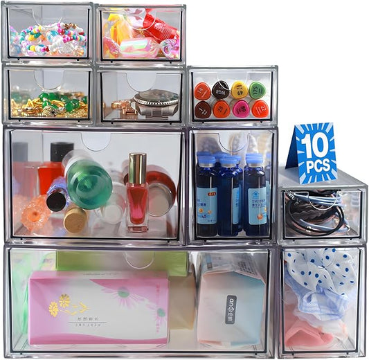 10 Pack Acrylic Makeup Organizer Clear Stackable Desk Organizers Dustproof Drawer for Make Up,Jewelry,Pen, Stationary