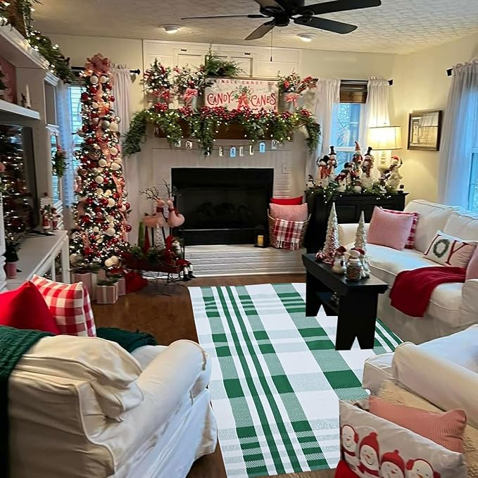 Christmas Plaid Outdoor Rug, 4' x 6' Green&White Checkered Indoor/Outdoor Area Rug, Layering Rug for Hello/Welcome Door Mat, Machine Washable Cotton Woven Rug for Farmhouse Front Porch, Entryway