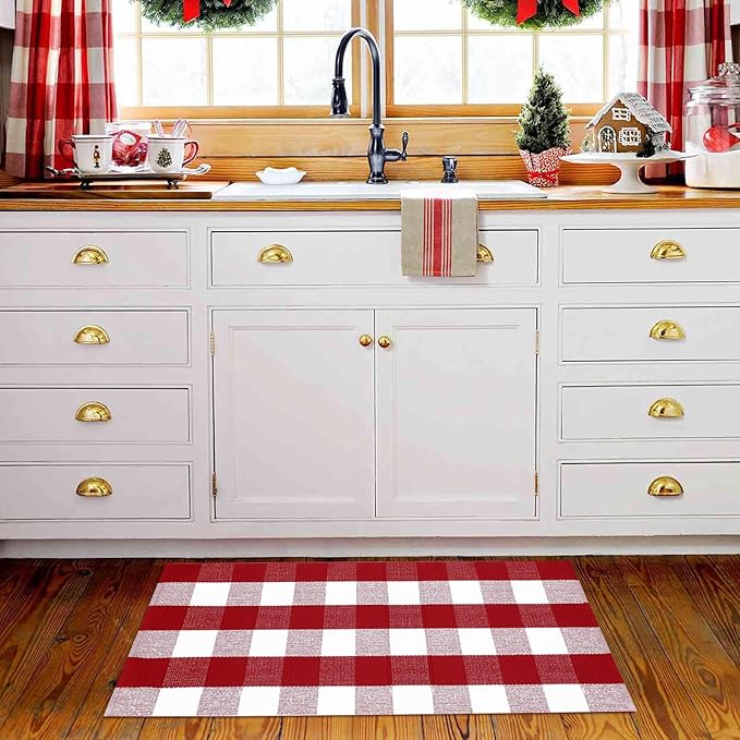 Christmas Plaid Outdoor Rug, 2'x4'3'' Red&White Check Indoor/Outdoor Area Rug, Layering Rug for Hello/Welcome Door Mat, Machine Washable Cotton Woven Rug for Farmhouse Front Porch, Entryway