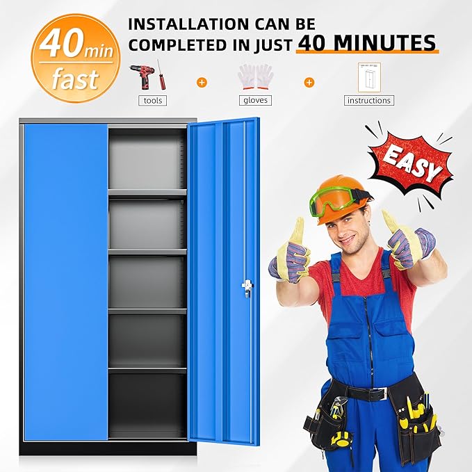 INTERGREAT Storage Cabinet,72”H Garage Steel Locking Cabinets with Doors and 4 Adjustable Shelves, Tall Lockable File Tool Cabinet for Home Office, Metal Classroom Cabinets Basement, Black-Blue