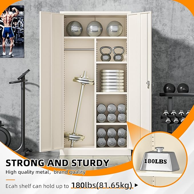 INTERGREAT Metal Storage Cabinet with Lock,72 Tall Armoire Wardrobe Closet with Doors,Cream Grey Storage Closet Cabinet with Adjustable Shelves and Removable Hanging Rods