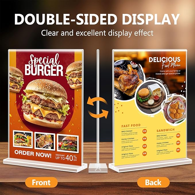 Acrylic Sign Holder 8.5 x 11, Double Sided Sign Holder Stand, Plastic 10 Pack Table Paper Stand, Vertical Menu Flyer Stand, T Shape Table Flyer Holder