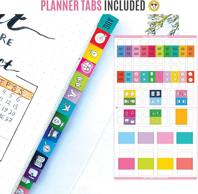 Mirida Planner Stickers – 1700 Productivity Mini Icons for Adults Calendar – Work, Daily To Do, Budget, Family, Holidays, Journaling – Variety Pack with Monthly Tabs