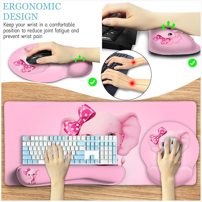 Elephant Mouse Pad Desk Mat Set, Kawaii Gaming Ergonomic Mouse Pad with Wrist Support Wrist Rest for Computer Keyboard Cup Coaster, Cute Pink Elephant Office Supplies Desk Decor Accessories
