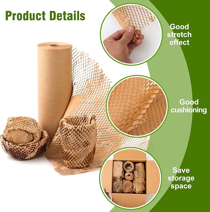 Honeycomb Packing Paper 15" Width X 400 FT for Moving Glass Dishes Recyclable Wrapping Paper Bubble Wrap Packing Material for Shipping Fragile Items Shipping Filler with 20 Fragile Stickers