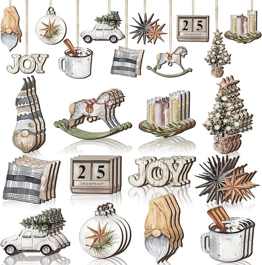 Huwena 36 Pcs Christmas Wooden Ornaments Farmhouse Rustic Christmas Decorations Snowman Balls Xmas Tree Truck Hot Cocoa Wood Cutouts Tags with Ropes Neutral Winter Decor for Xmas Tree Gifts