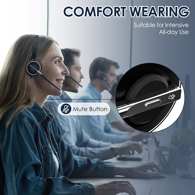 Wireless Headset with Mic for Work, Bluetooth Headset with AI Noise Canceling Microphone with USB Dongle, Charging Base & Mic Mute, Wireless Headphones for Work from Home/PC/Laptop/Computer