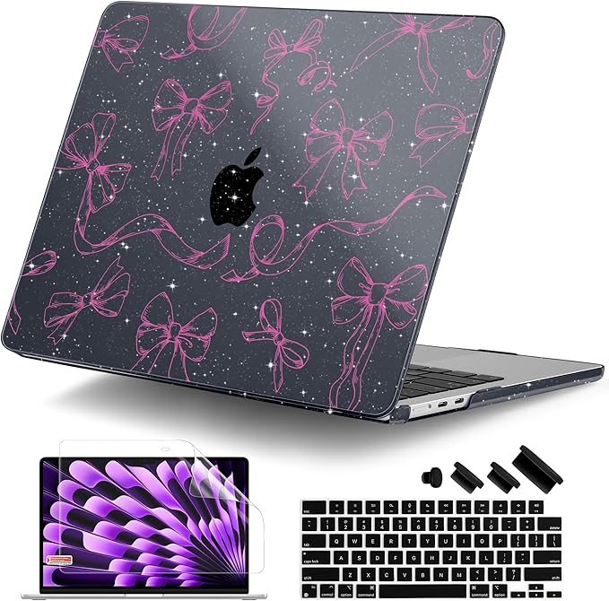 DONGKE Compatible with M4 MacBook Air 15 inch Case 2025-2023 A3241 A3114 A2941 M3 M2 Retina Display Touch ID, Plastic Hard Case & Keyboard Skin for MacBook Air 15" - Sparkly Black Bows