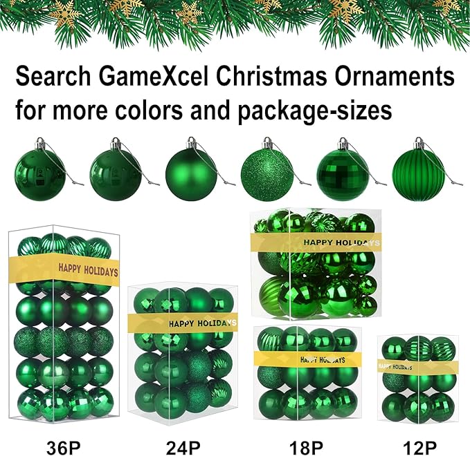 Emerald Green Christmas Ornaments - Christmas Tree Decorations Shatterproof Hanging Balls for Birthday Wedding Holiday Decor Set of 36pcs, Multi-Sizes(1.6",2.5",3.2")