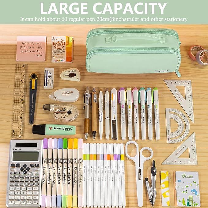 MAMUNU Pencil Case Large Capacity with 3 Compartments, Pencil Case Pouch Bag with Zipper Handle Portable Pen Stationery Organizer for Teen Girls Boys Adults College School Office Travel, Green