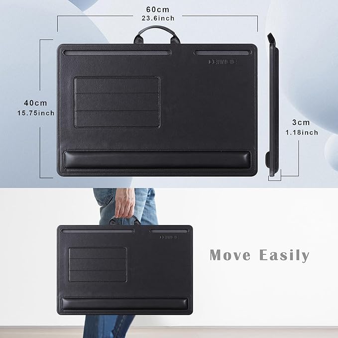 CENNBIE Leather Lap Desk with Memory Foam Cushion 24x16 Inches- Adjustable Portable Laptop Tray Fits 17 19 Inch Notebook - Built-in Wrist Rest Lightweight Computer Desk (Black)