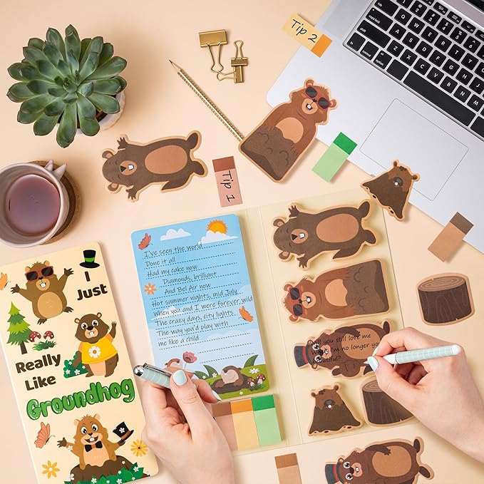 Xqumoi I Just Really Like Groundhog Sticky Notes Set - Cute Animal Self-Stick Note Pads Divider Tabs Bundle Writing Memo Pad Page Marker Back to School Office Supplies Groundhog Day Party Favor Gift