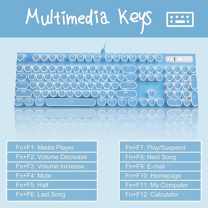 Typewriter Style Mechanical Gaming Keyboard,Retro Punk Gaming Keyboard with White Backlit, 104 Keys Blue Switch Wired Cute Keyboards with Detachable Wrist Rest,Blue Keyboards for Office/PC/Laptop