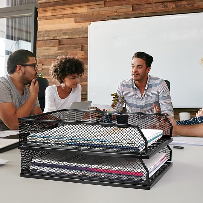 Stackable Paper Tray Organizer, Metal Mesh Wire Letter Tray, Letter Trays Organizers, Front-Load Paper Holder Storage for Office, School, Home,2 Pcs