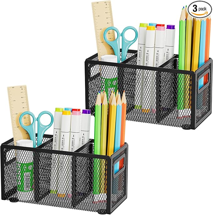 Marbrasse 2P Mesh Pen Holder for Desk,Pencil Holder Desk Organizer 3 Adjustable Compartments,Pencil Cup with Handle Perfect for Classroom, Office, Home,Makeup,Art (Black)