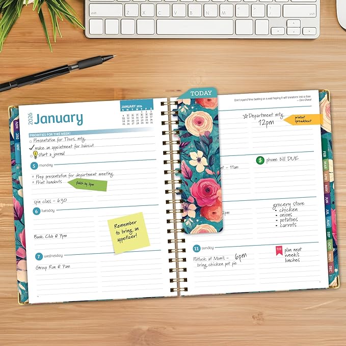 HARDCOVER 2026 Planner, 8.5"x11": 14 Months (November 2025 - December 2026), Daily Weekly Monthly Planner, Yearly Agenda, Bookmark, Pocket Folder and Sticky Note Set (Teal Floral)