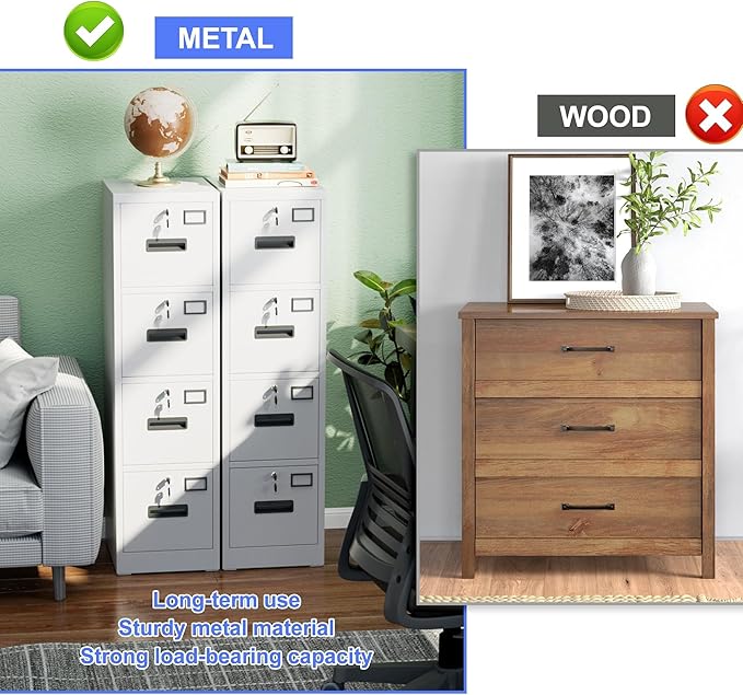 4 Drawer File Cabinet, Metal Vertical File Storage Cabinet with Lock, Office Home Steel Vertical File Cabinet for A4 Letter/Legal Size, 14.96" W x 17.72" D x 55.2" H, Assembly Required