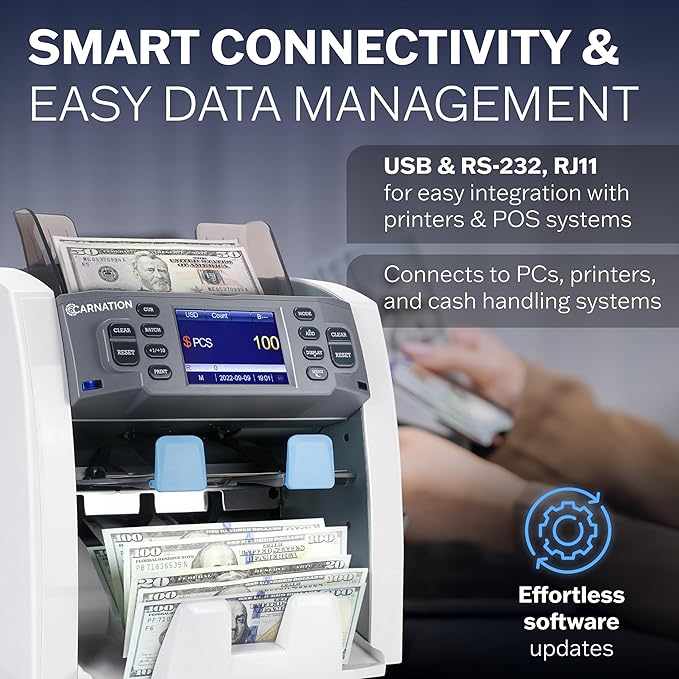 CARNATION Multi-Currency Bill Counter and Sorter with Counterfeit Detection - Money Counter Machine with MG, IR, MT, UV & CIS Image Recognition