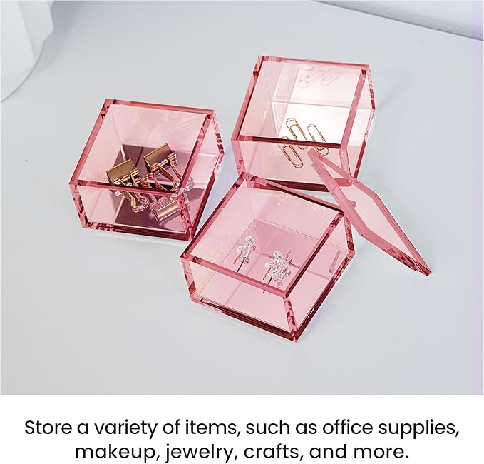 OfficeGoods 3-Tier Stackable Acrylic Holder- Stylish Desk Organizer and Storage for Office or Home – Transparent Square Design, Pink with Silver Metal Base