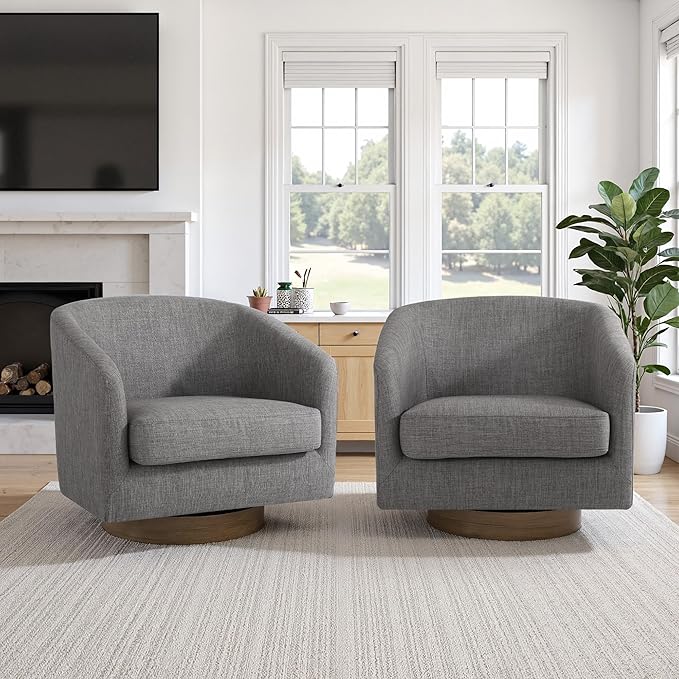 UIXE Swivel Accent Chairs Set of 2, Fabric Upholstered Barrel Chair for Living Room, Comfy Round Armchair Single Sofa Bedroom Reading Seat - 31" W, Gray