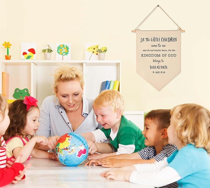 Classroom Christian Decor-Church Sunday School Wall Sign-Bible Verse Flag Gifts for Boys Girls Kids-Banner Wall Sign Gifts for Nursery Baby Room Playroom Bedroom Front Door-New Home Christmas Gift