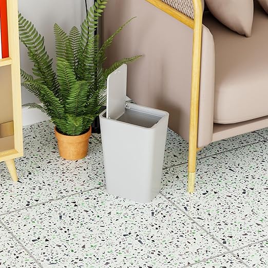 12L Covered Bathroom Trash Can,Office Trash Cans for Near Desk,Slim Bedroom Cute Small Trash Can,3.17 Gallon Plastic Pet/Dog Proof Bathroom Garbage Can,Thin Waste Basket for Room,Kitchen Trashcan,Gray