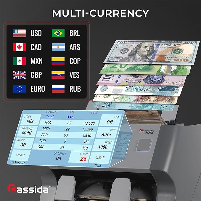 Cassida 9900R V2 2-Pocket Premium Bank Grade Money Counter Machine Mixed Denomination, Bill Sorter, Value Counting, Printer Enabled, 2 CIS, UV/MG, IR/IT Counterfeit Detection with Built-in Printer