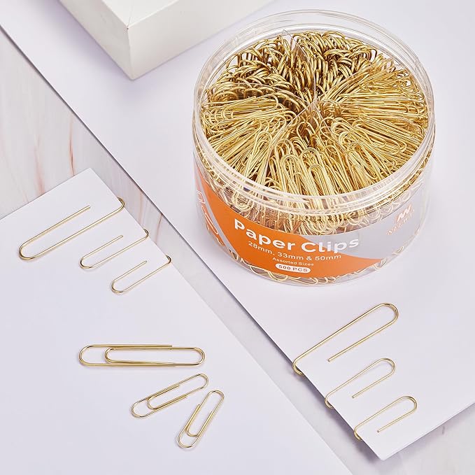 NEEWAY 500pcs Gold Paper Clips Assorted Sizes Small, Medium and Large Paperclips for Paperwork Ideal for Home, School and Office Use