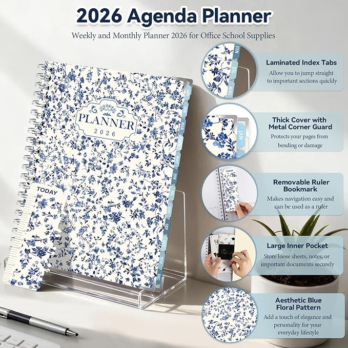 GuassLee Large 2026 Planner, Weekly and Monthly Planner from January 2026-December 2026, 8.5"x 11" Calendar Agenda Book with Back Pocket, Stickers for Home Office School Supply, Blue Floral, A4 Size