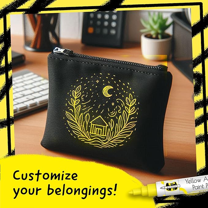 4 Dual Tip Yellow Paint Pen Metallic - Fine Tip & Medium Acrylic Paint Markers - Yellow Marker for Metal, Wood, Rock Painting, Canvas, Ceramic, Glass, Fabric, Leaf and Plastic - Water-based Ink