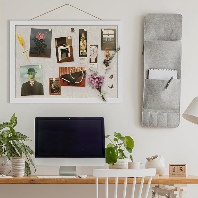 Cork Board Bulletin Board 16.7" x 11", 2-Pack Small Linen Corkboards with Frame for Walls, Cute Picture Display Pin Board Vision Board for Room School Office Bedroom 25 Pushpins Vintage White