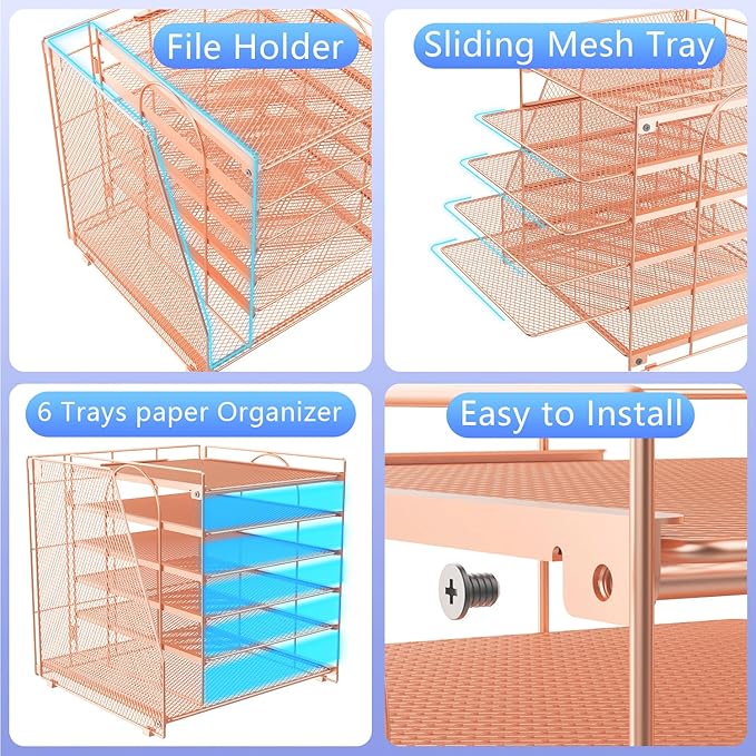 Gianotter Desk Organizer for Women, 6-Tier Paper Organizer with Magazine Rack, Office Desk Decor, Office Supplies (Rose Gold)