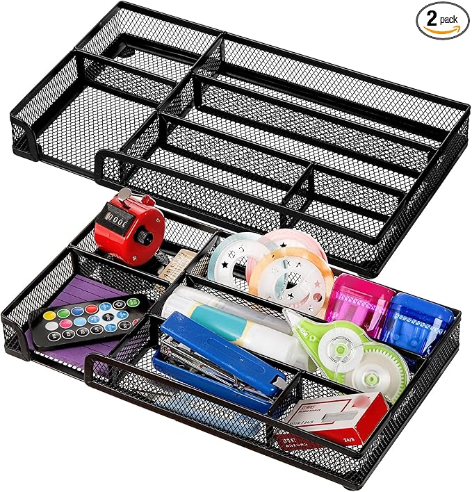 2 Pack Desk Drawer Organizer, Metal Mesh Drawer Office Tray, 6 Compartments Pen Organizer Storage Box, Desktop Basket Accessories for Home Office School Kitchen Vanity Supplies, Black