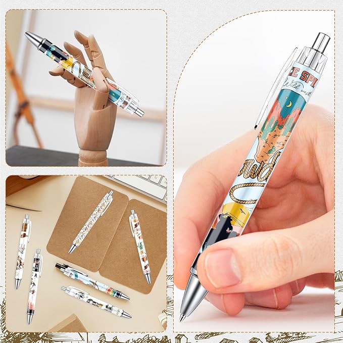 Western Cowboy Ballpoint Pens - 24PCS Cute Cowboy Print Pens Set Horse Cow Skull Smooth Writing Pens Retractable Boots Hat Pen for School Office Supplies for Women Teacher Birthday Gifts